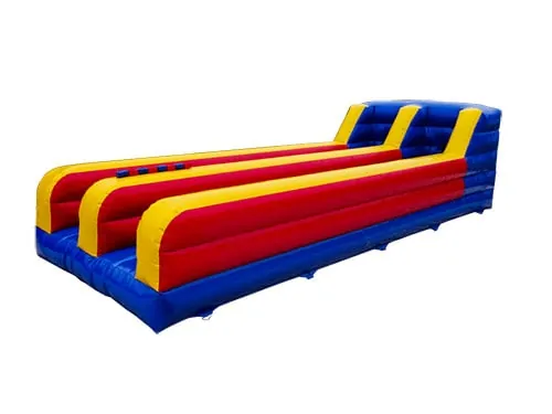 2-Lane Bungee Run Bouncy Castle for Hire. Red, Yellow and blue in color.